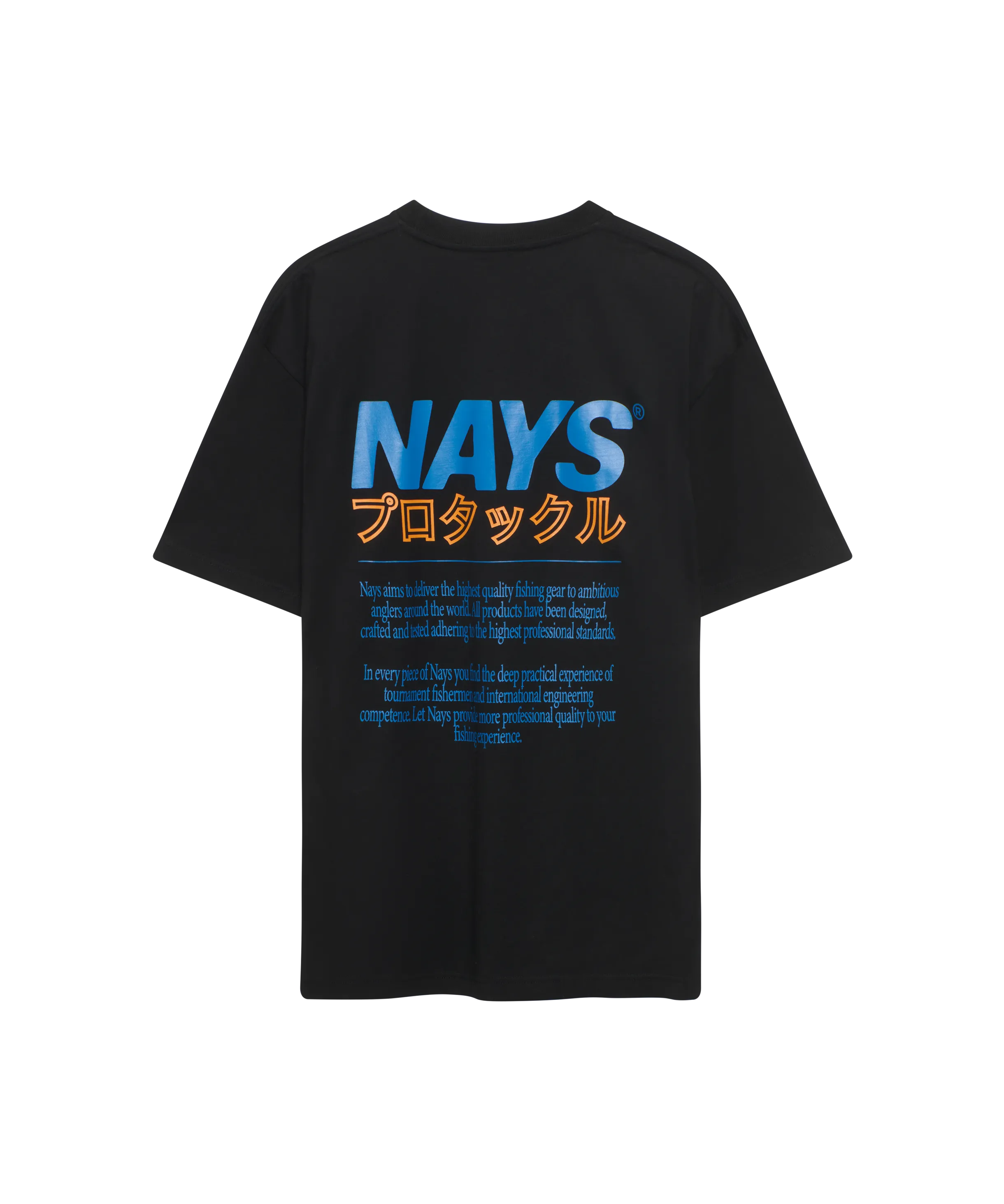 Nays Pro Tackle T-Shirt schwarz mit großem Back-Print in orange und blau.