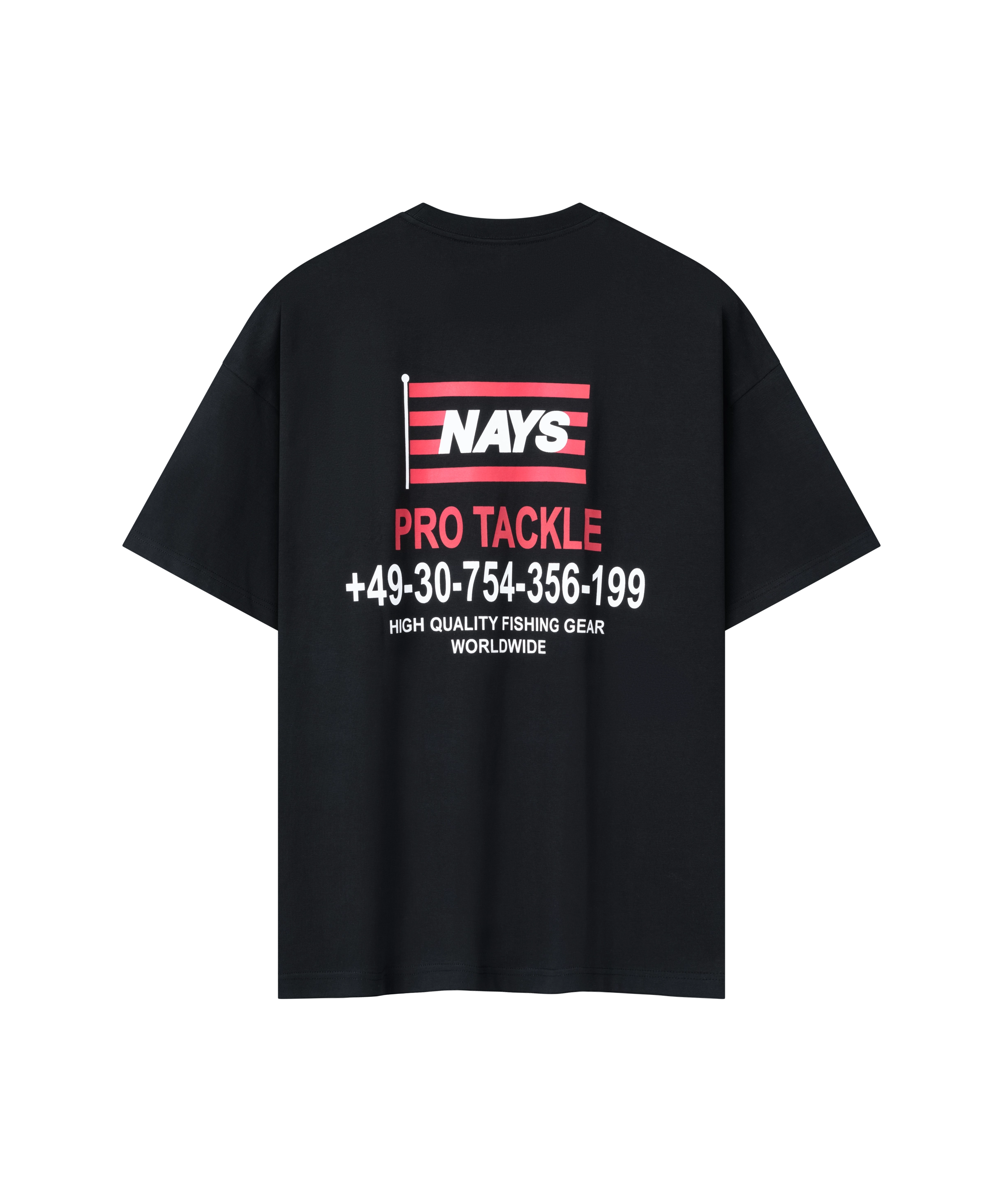 Nays Worldwide T-Shirt Schwarz Rückansicht mit Pro Tackle Telefonnummer-Print.