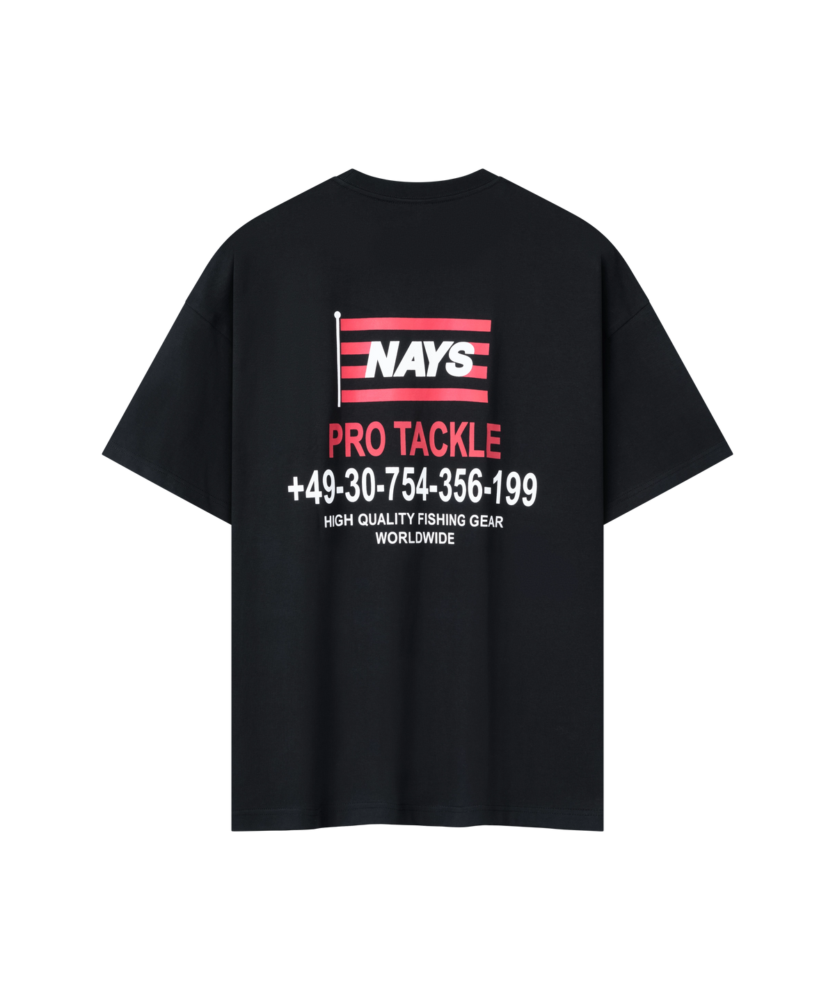 Nays Worldwide T-Shirt Schwarz Rückansicht mit Pro Tackle Telefonnummer-Print.