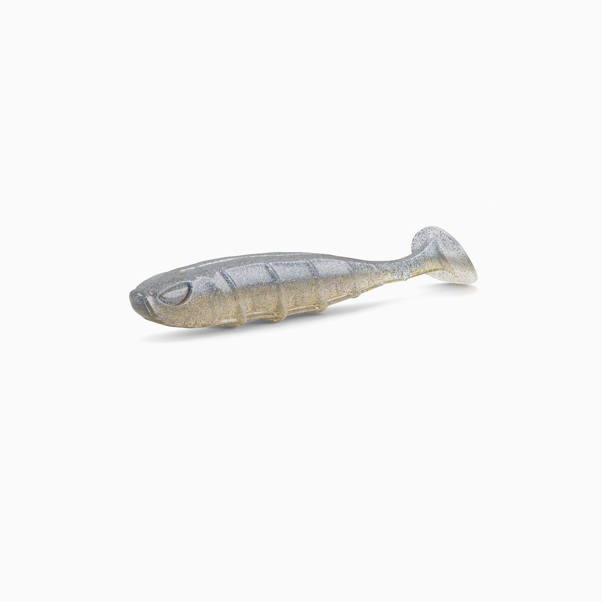 Das Bild zeigt einen Paddle-Tail-Gummiköder mit realistischem Augen-Design, typischer Rippenstruktur und schlankem Körper. Der Körper ist in hell-blau gehalten, während der Bauch einen weißen Kontrast mit goldenen Partikeln bildet.