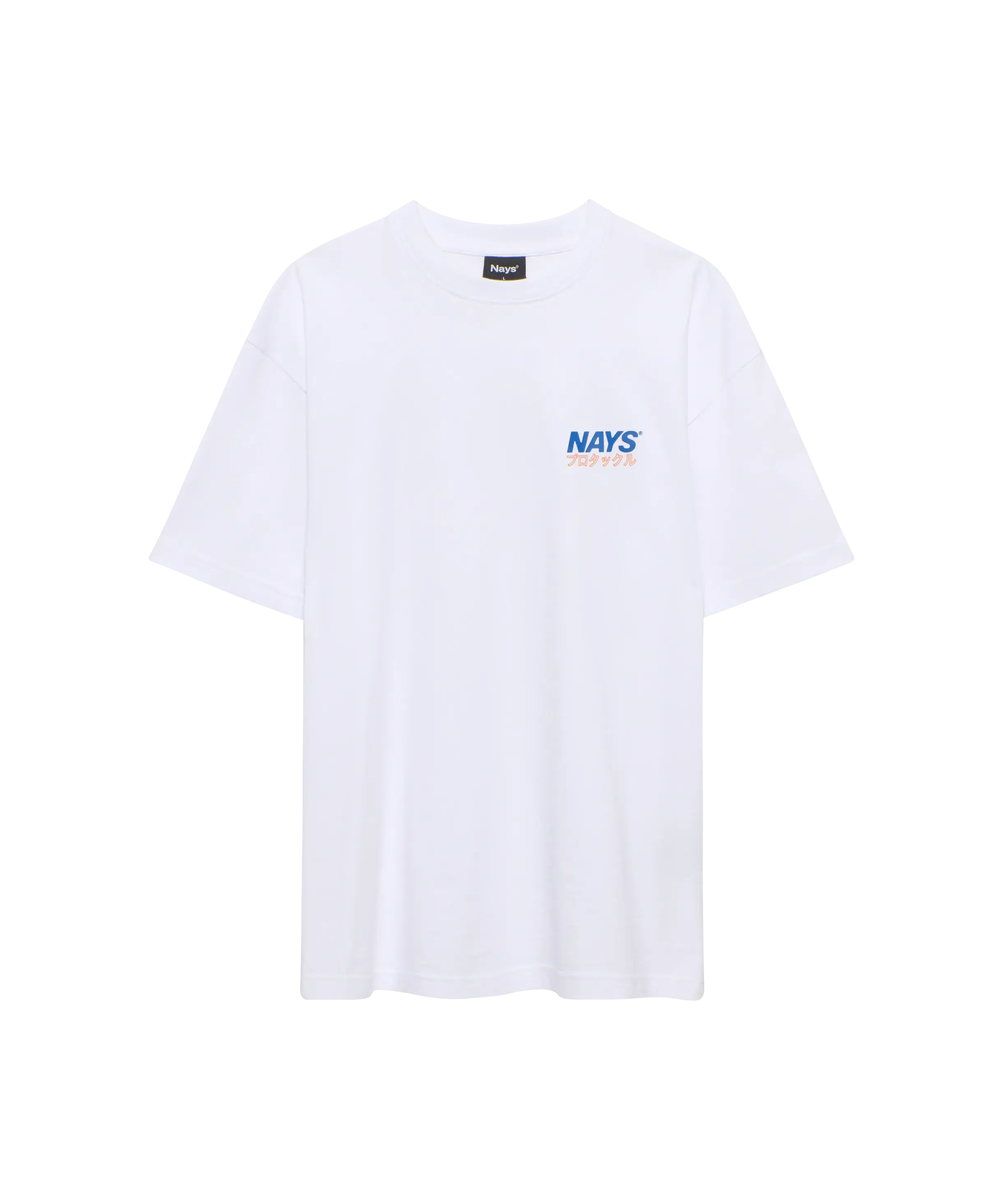Nays Pro Tackle T-Shirt in weiß mit blauem und orangem Logo-Print auf der Brust.