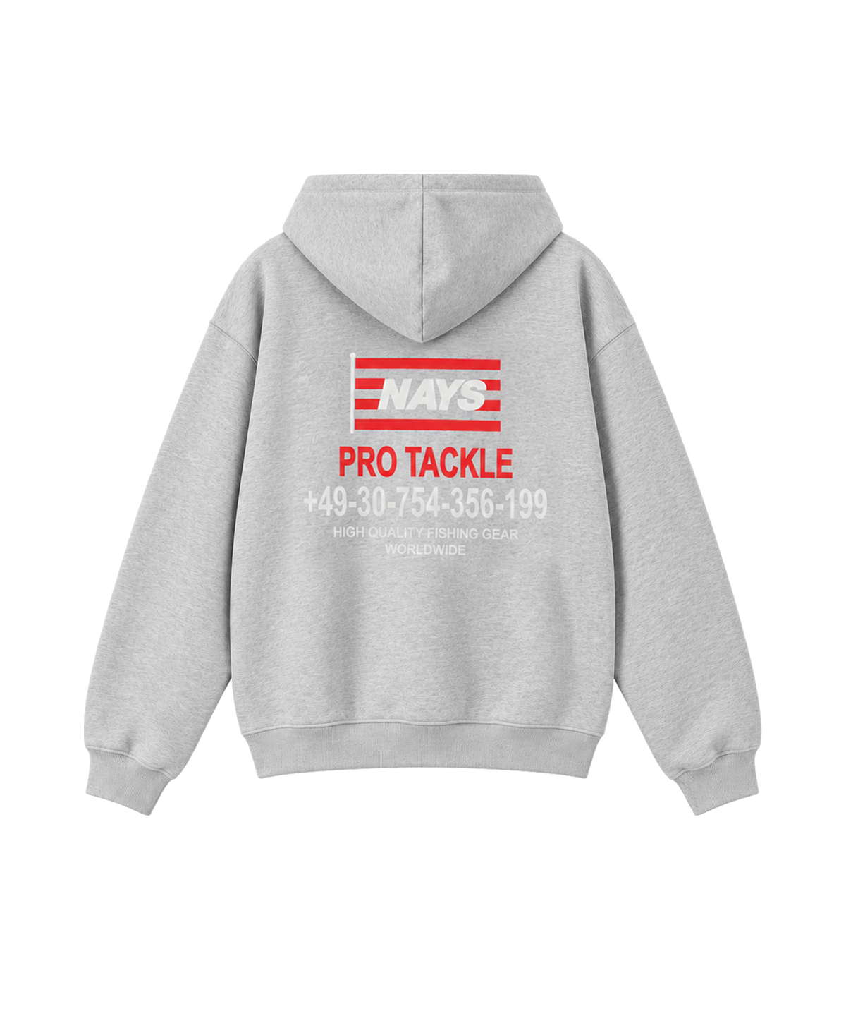 Nays Pro Tackle Hoodie in Hellgrau – Rückansicht mit rotem Logo- und Telefonnummer-Aufdruck.