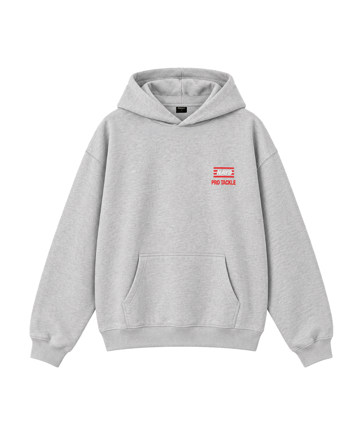 Nays Pro Tackle Kapuzenpullover in Hellgrau – Vorderansicht mit Brust-Logo und Kängurutasche.