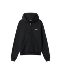 Die Vorderanicht eines Hoodies mit Reißverschluss in schwarz. Das Kapuzen-Sweatshirt hat seitliche Eingriffstaschen und ein kleines Nays Logo auf der Brust. 