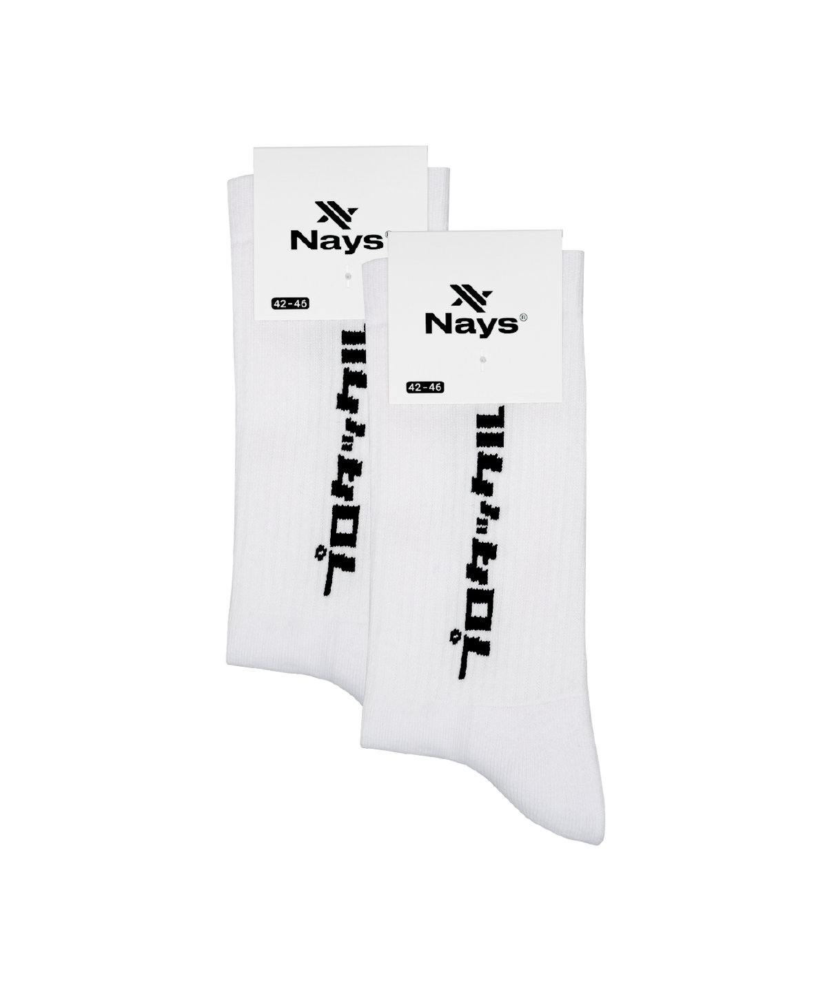 Nays Pro Tackle Socken in Weiß mit schwarzem Logo an der Seite, auf Verpackungskarten mit Größe 42-46. Baumwoll-Mix und Frotteesohle für Komfort.
