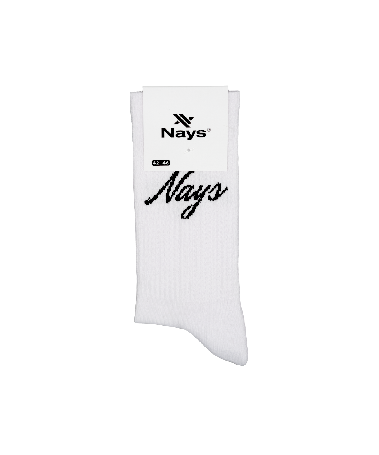 Nays Script Logo Socken, weiß, mit schwarzem Schriftzug, in Größe 42–46, auf Kartonanhänger. Baumwoll-Mix und weiche Frotteesohle für Komfort.