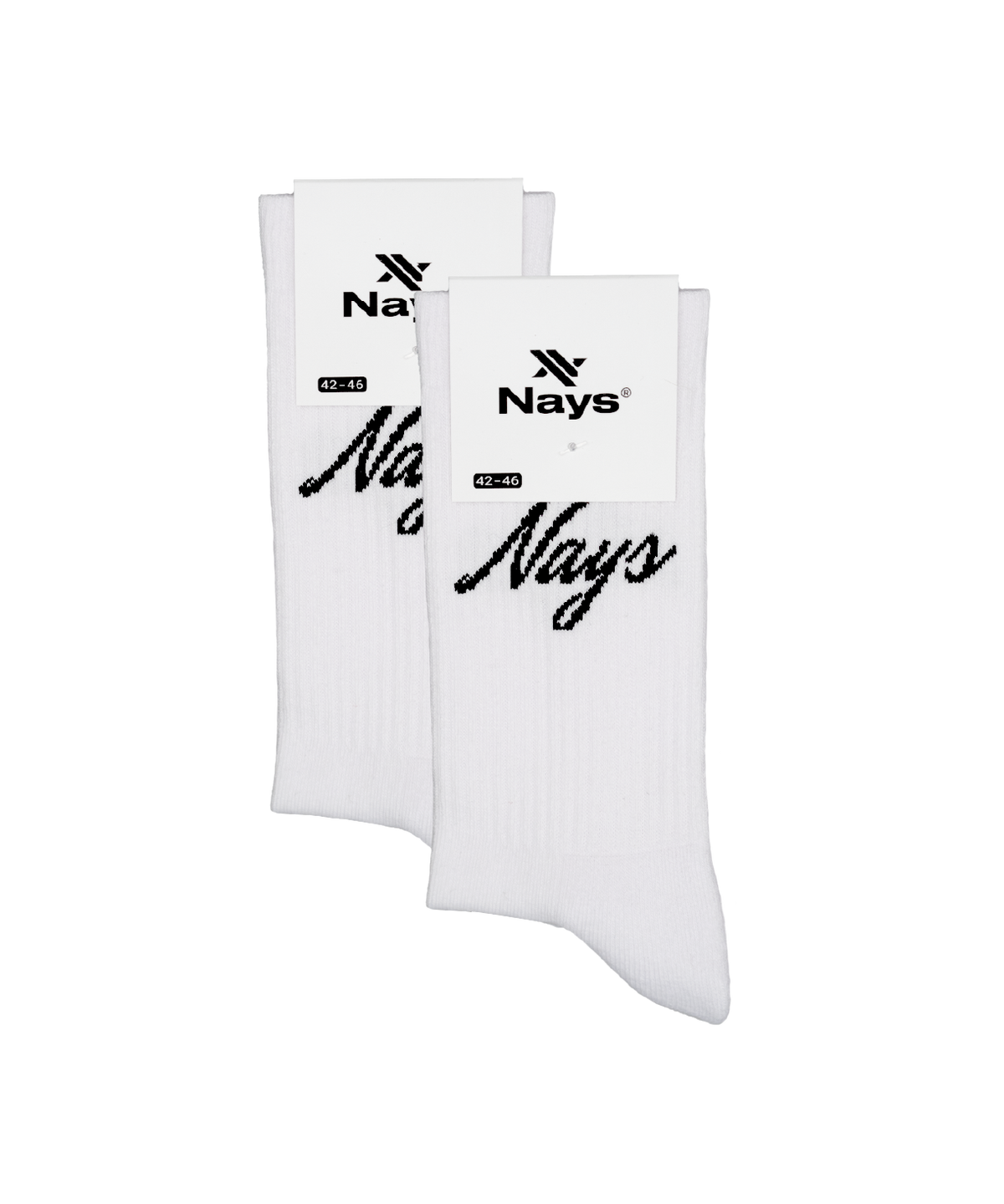 Nays Script Logo Socken im Einzelhandelspaket, weiß mit schwarzem Logo, für Größen 42-46. Baumwoll-Mix und Frotteesohle bieten Tragekomfort und bequeme Passform.