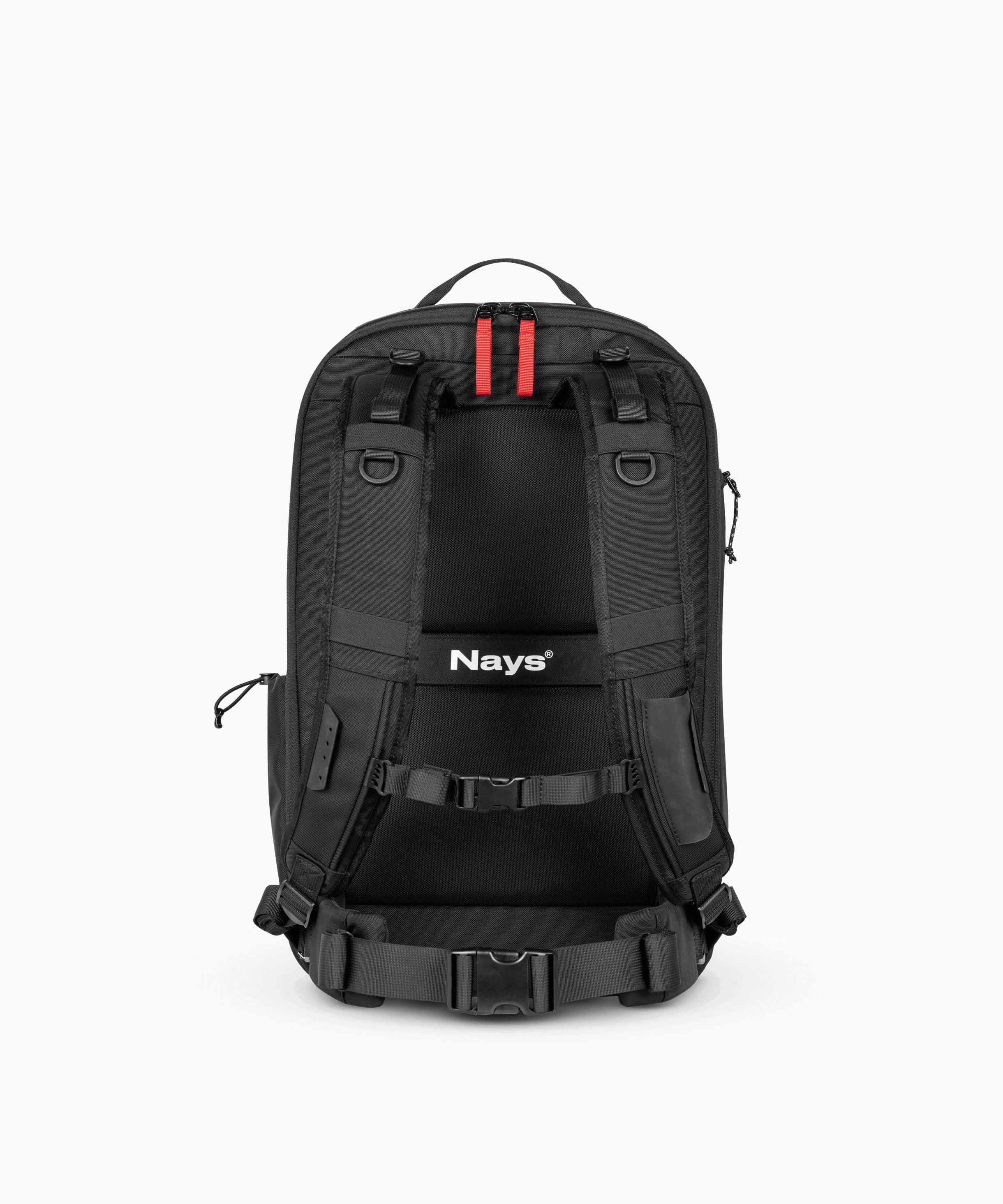 Rückansicht schwarzer Rucksack. 
Auffällig sind gepolsterte Tragegurte mit Befestigungsschlaufen für weiteres Werkzeug, ein abnehmbarer Hüftgurt, sowie ein verstellbarer Brustgurt.