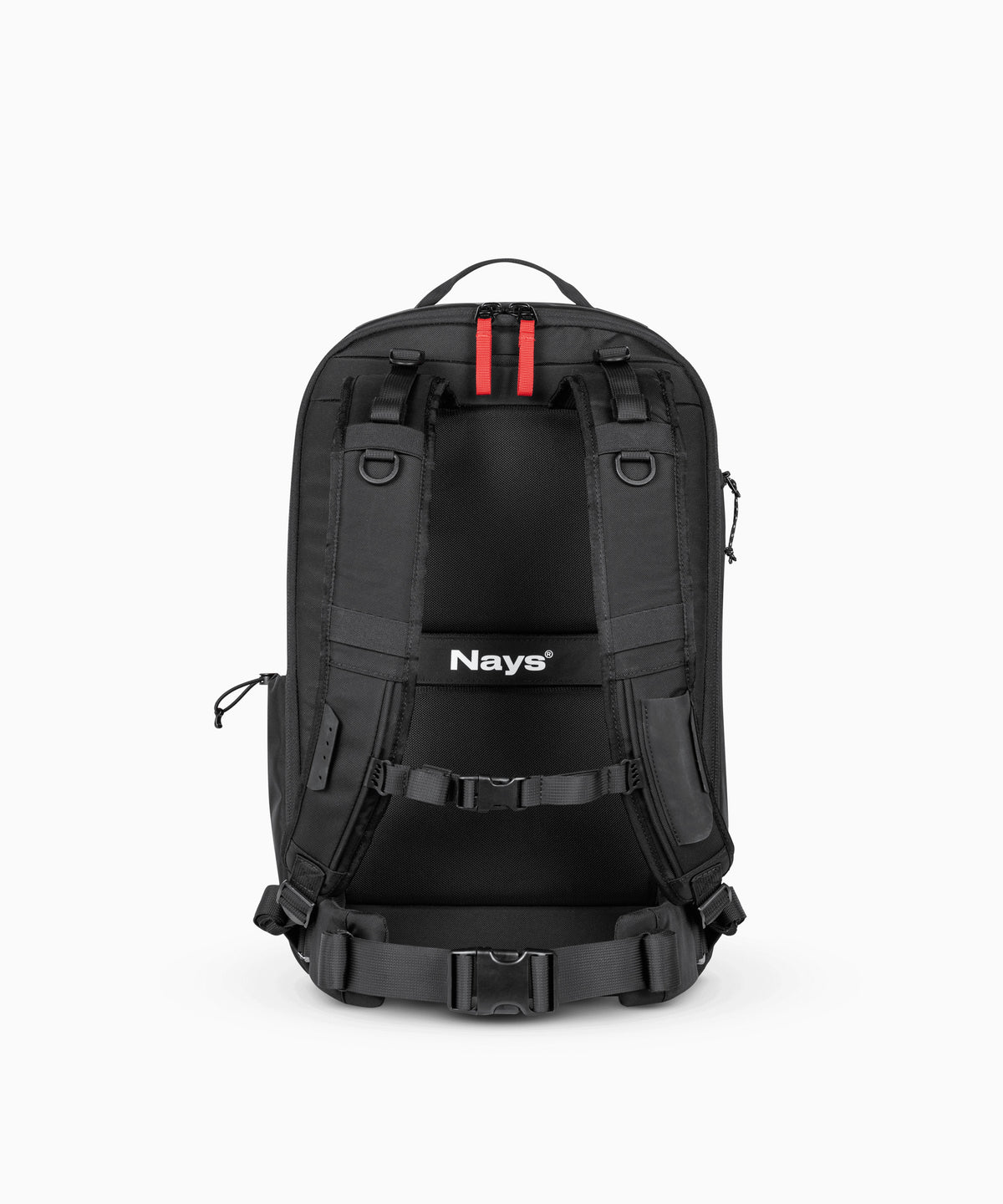 Rückansicht schwarzer Rucksack. 
Auffällig sind gepolsterte Tragegurte mit Befestigungsschlaufen für weiteres Werkzeug, ein abnehmbarer Hüftgurt, sowie ein verstellbarer Brustgurt.