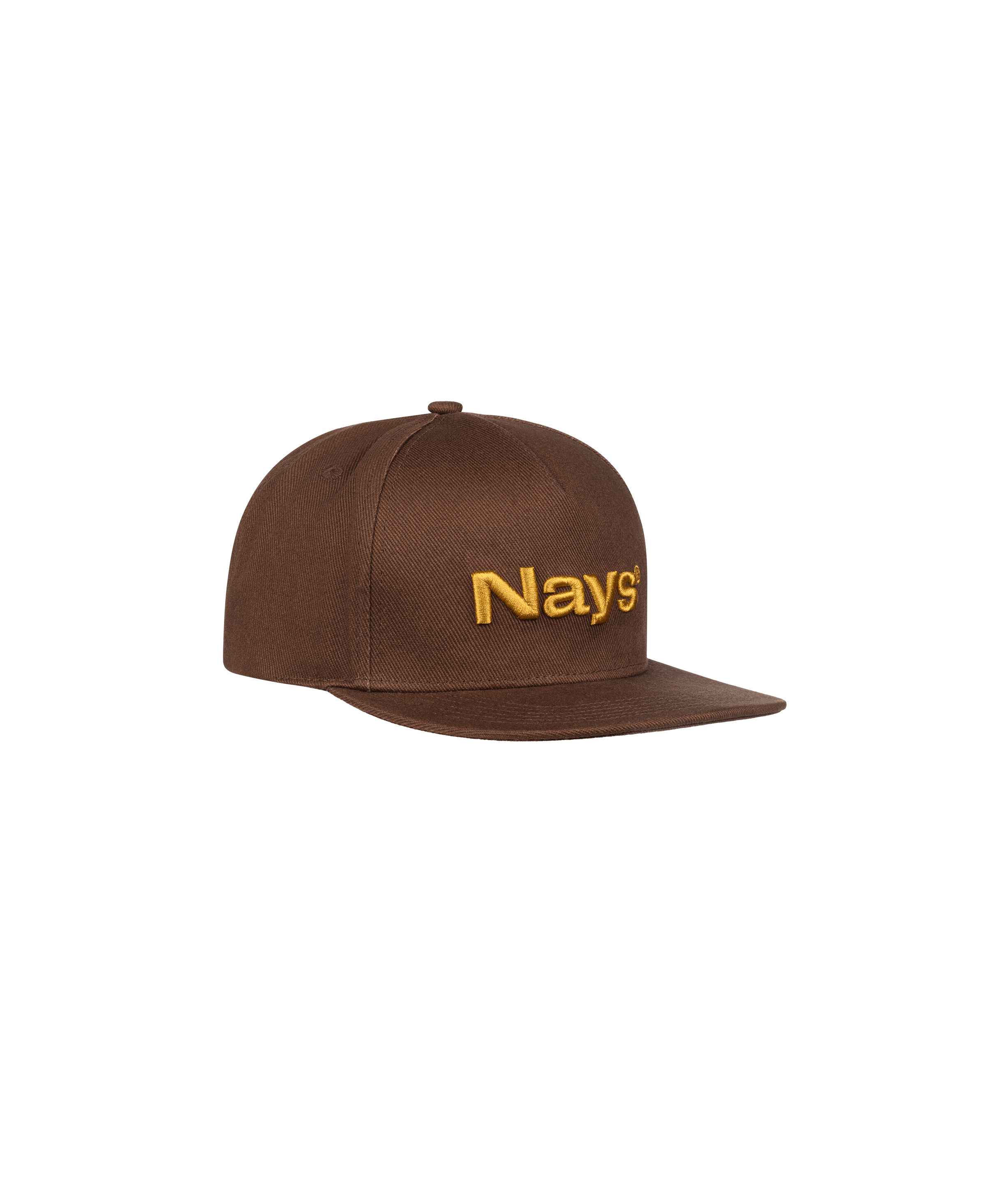 Auf dem Bild sieht man eine braune Schirmmütze mit einem gelben Logo-Schriftzug von Nays.