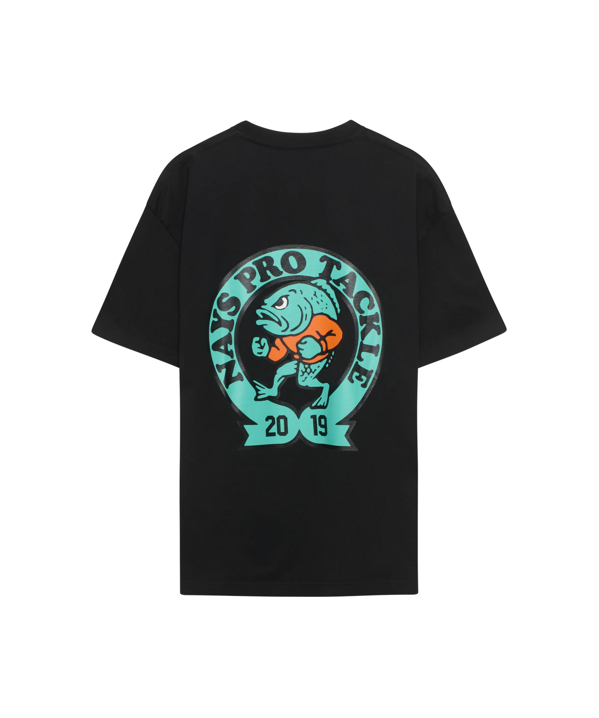Schwarzes Nays Pro Tackle T-Shirt Rückseite mit großem Logo-Print in Türkis.